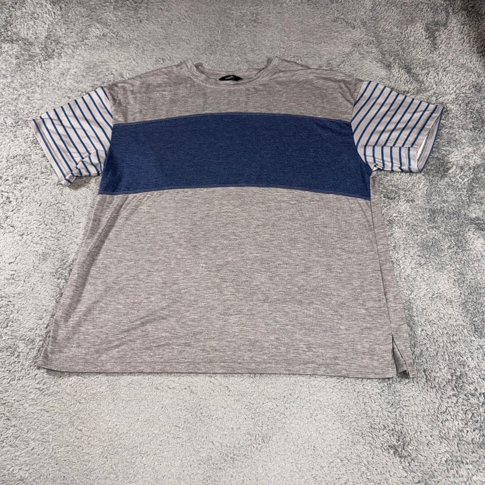 Dokotoo Men Large Colorblock Striped Crewneck T-Shirt Grey Blue Side Slit Tee